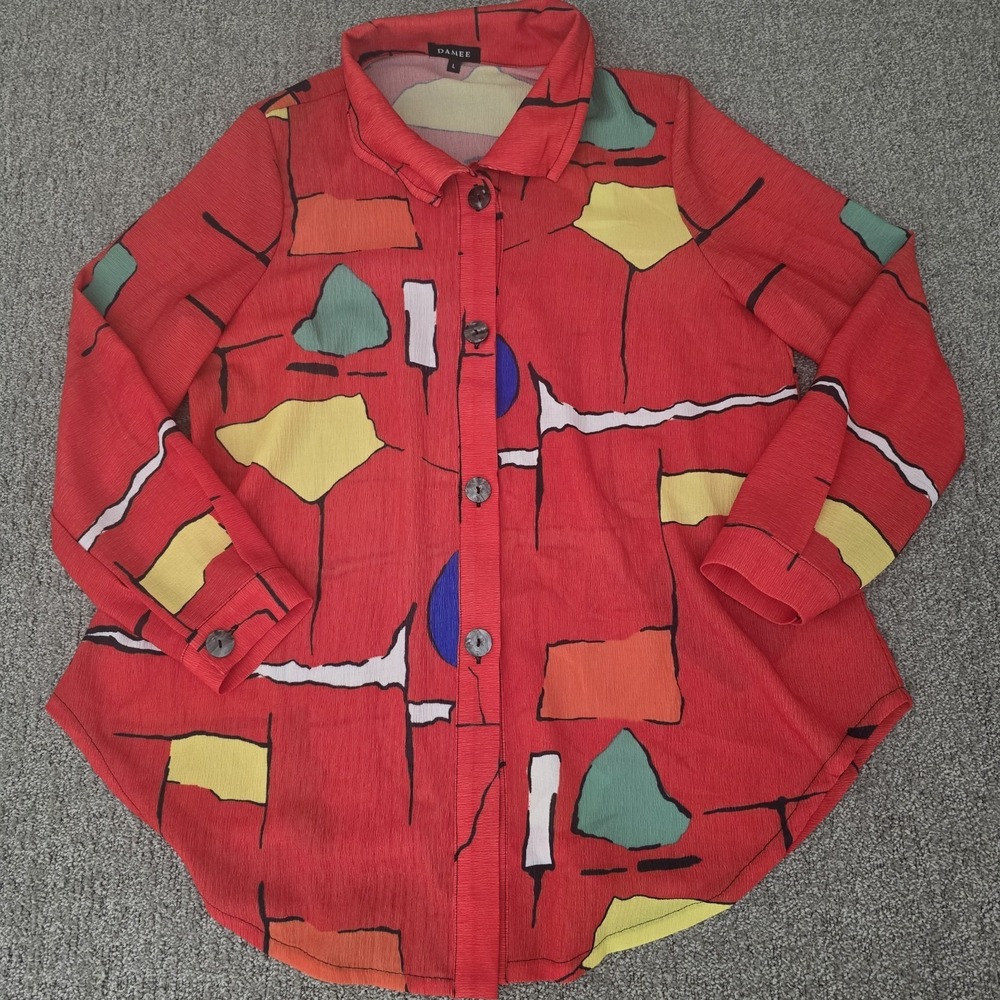 Damee Red Geometric Art To Wear Tunic Top Womens L Button 3/4 Sleeve Sheer